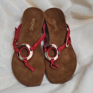 Vionic Orchid Sandals Size 6 | Red Leather Thong Wedge